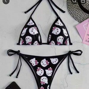 Black Hello Kitty Print Triangle Bikini Set